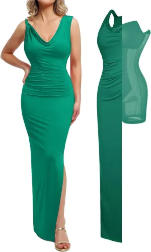 Popilush Formal Dresses for Women - Shapewear Cowl Neck Maxi Ruched Bodycon Gowns with Slit - Prom Dress Wedding Guest