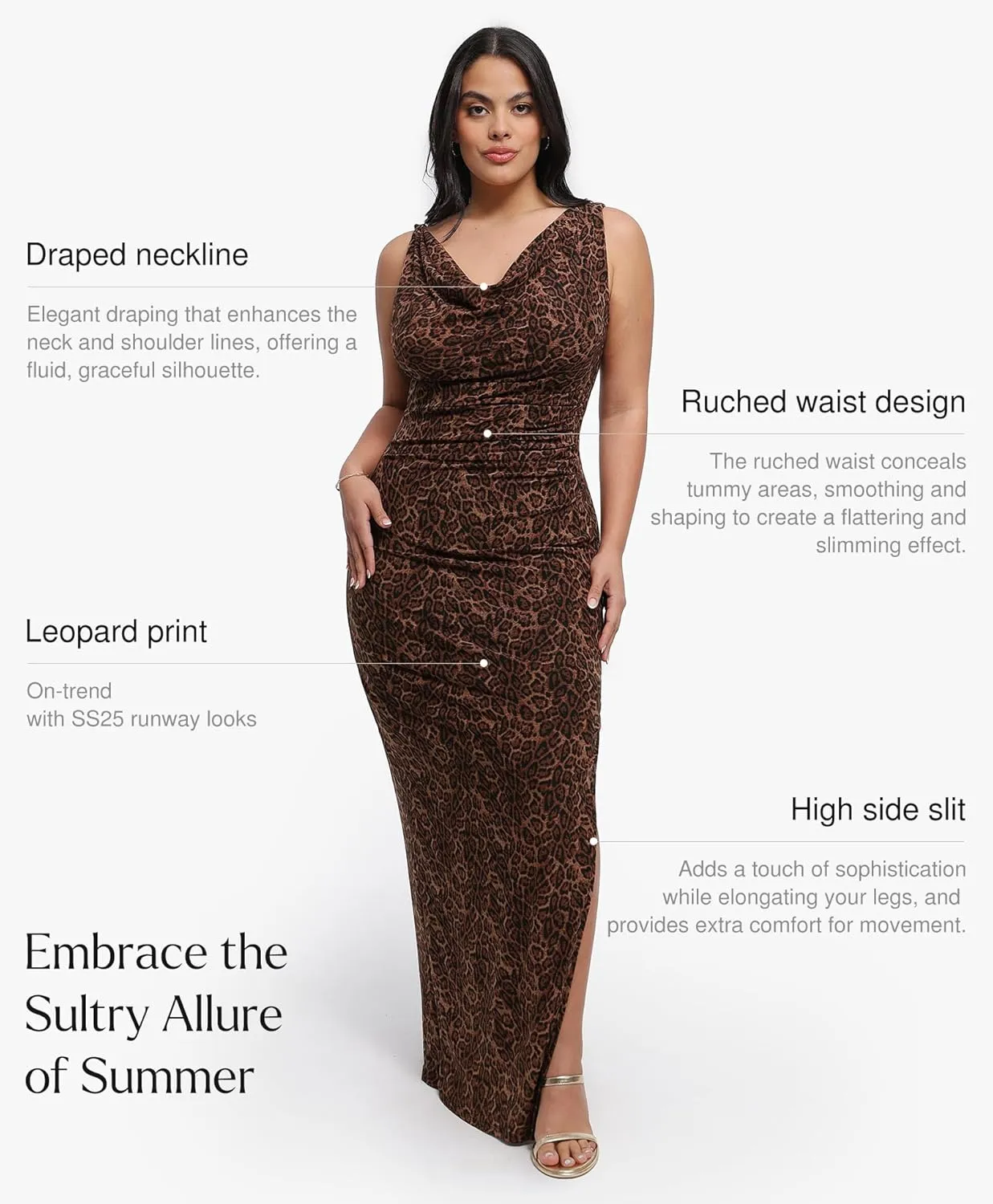 Popilush Formal Dresses for Women - Shapewear Cowl Neck Maxi Ruched Bodycon Gowns with Slit - Prom Dress Wedding Guest