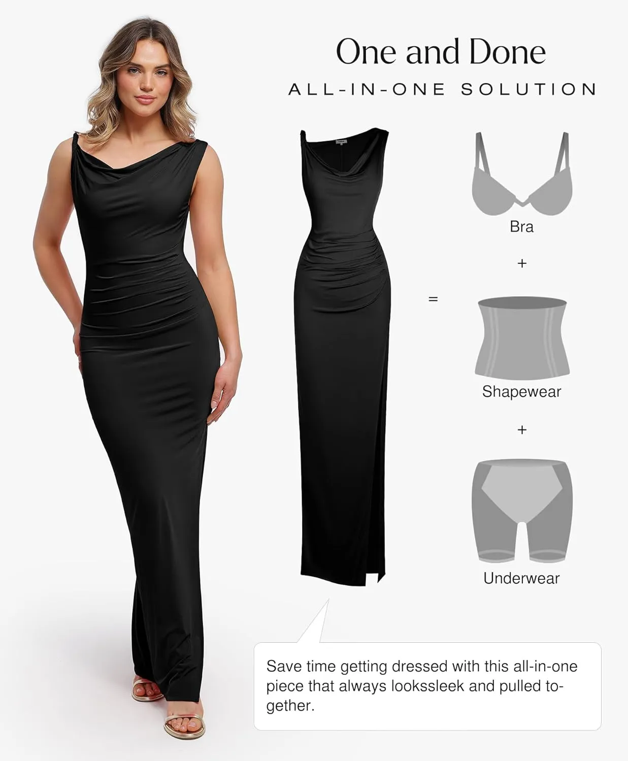 Popilush Formal Dresses for Women - Shapewear Cowl Neck Maxi Ruched Bodycon Gowns with Slit - Prom Dress Wedding Guest
