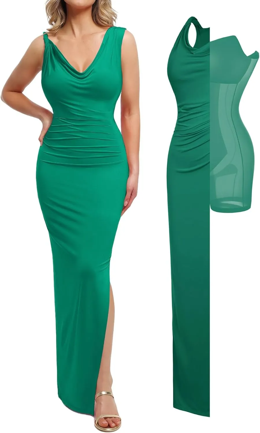 Popilush Formal Dresses for Women - Shapewear Cowl Neck Maxi Ruched Bodycon Gowns with Slit - Prom Dress Wedding Guest