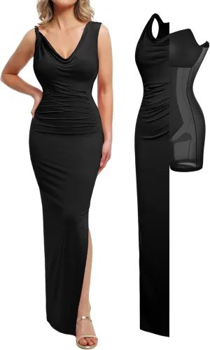 Popilush Formal Dresses for Women - Shapewear Cowl Neck Maxi Ruched Bodycon Gowns with Slit - Prom Dress Wedding Guest
