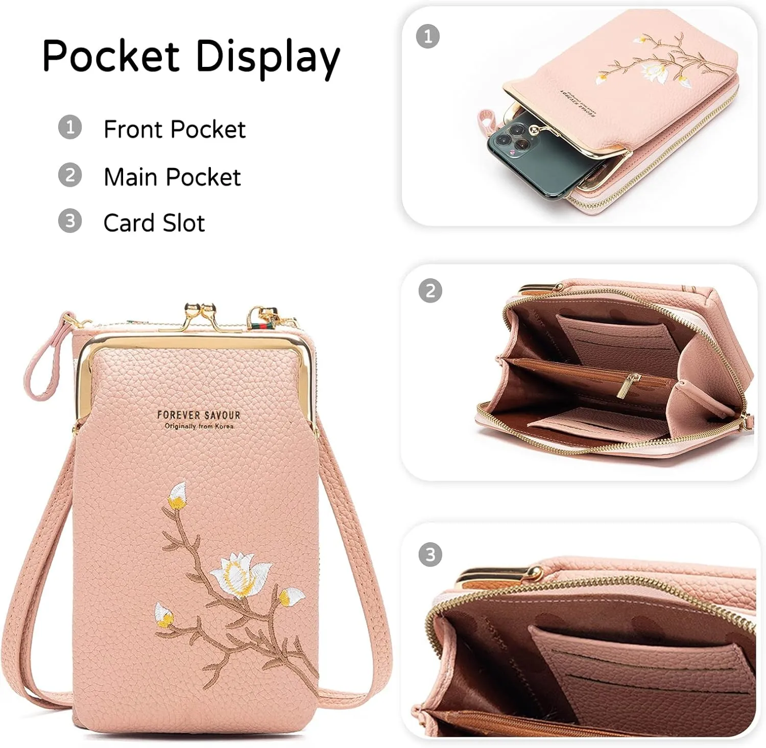 PORRASSO Fashion Phone Bag Crossbody Bag Women Purse Shoulder Bag with Card Slots Leather Mini Wallet Dark Pink