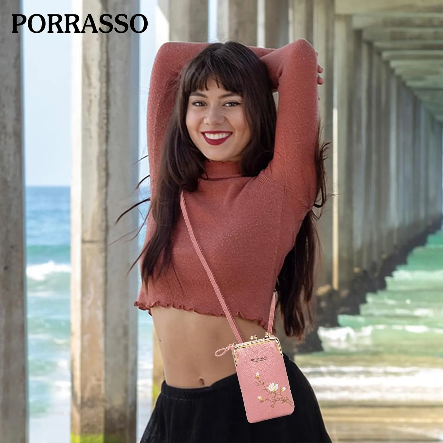 PORRASSO Fashion Phone Bag Crossbody Bag Women Purse Shoulder Bag with Card Slots Leather Mini Wallet Dark Pink