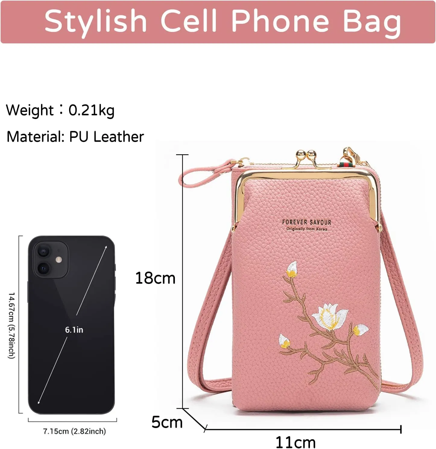 PORRASSO Fashion Phone Bag Crossbody Bag Women Purse Shoulder Bag with Card Slots Leather Mini Wallet Dark Pink