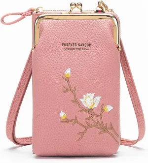 PORRASSO Fashion Phone Bag Crossbody Bag Women Purse Shoulder Bag with Card Slots Leather Mini Wallet Dark Pink