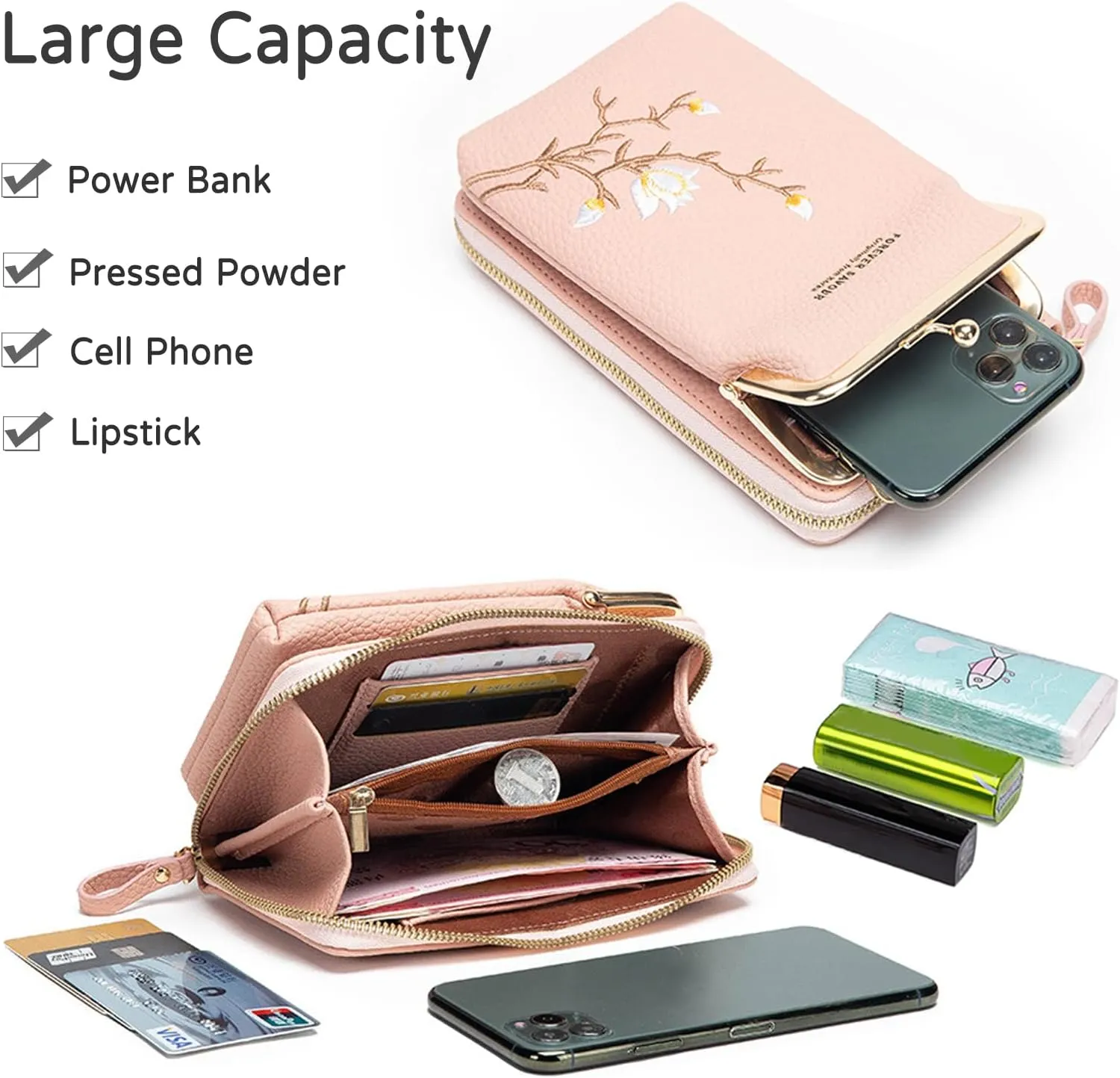PORRASSO Fashion Phone Bag Crossbody Bag Women Purse Shoulder Bag with Card Slots Leather Mini Wallet Dark Pink