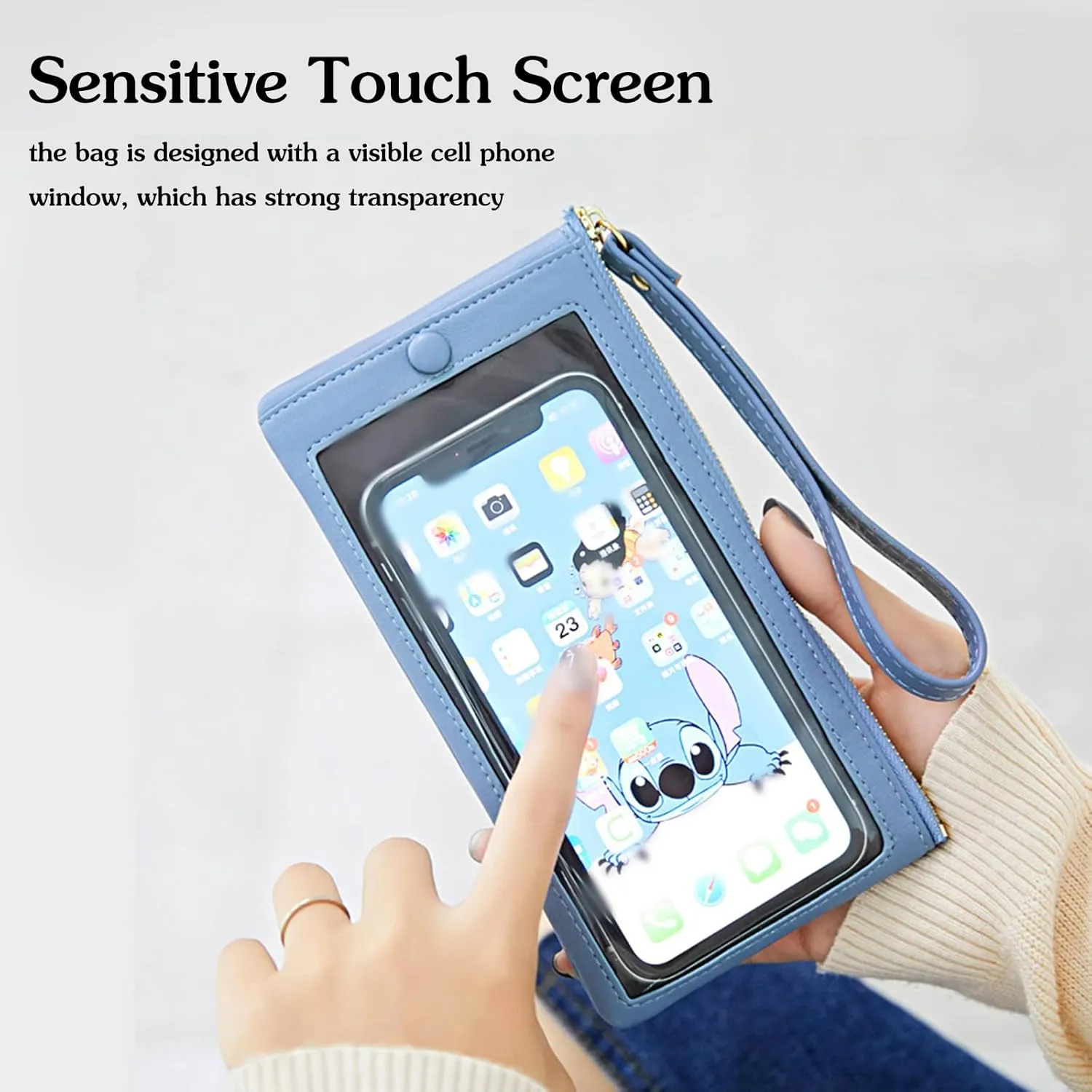 PORRASSO Wristlet Bag Touch Screen Phone Bag Portable Wallet Women's Clutch Purse PU Wallet Blue