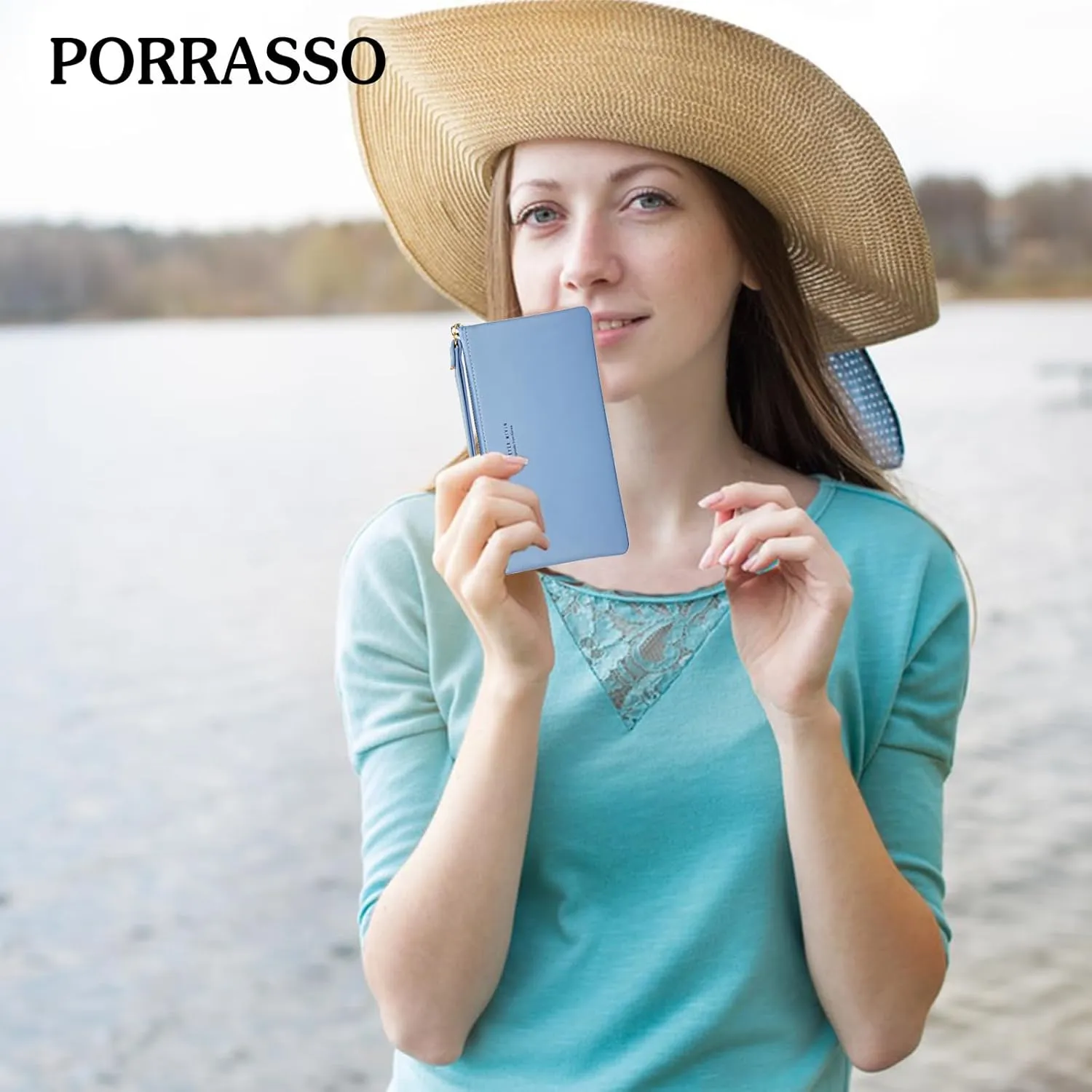 PORRASSO Wristlet Bag Touch Screen Phone Bag Portable Wallet Women's Clutch Purse PU Wallet Blue