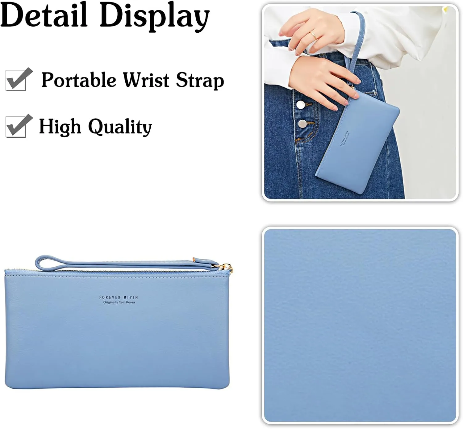 PORRASSO Wristlet Bag Touch Screen Phone Bag Portable Wallet Women's Clutch Purse PU Wallet Blue