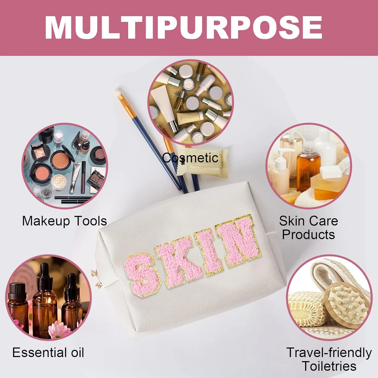 Preppy Patch Skincare Bags Travel Makeup Bag Varsity Letter Cosmetic Toiletry Cute Bag for Teen Girls PU Leather Portable Zipper Pouch Storage Purse Waterproof Organizer (Shell Gold)