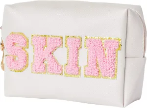 Preppy Patch Skincare Bags Travel Makeup Bag Varsity Letter Cosmetic Toiletry Cute Bag for Teen Girls PU Leather Portable Zipper Pouch Storage Purse Waterproof Organizer (Shell Gold)