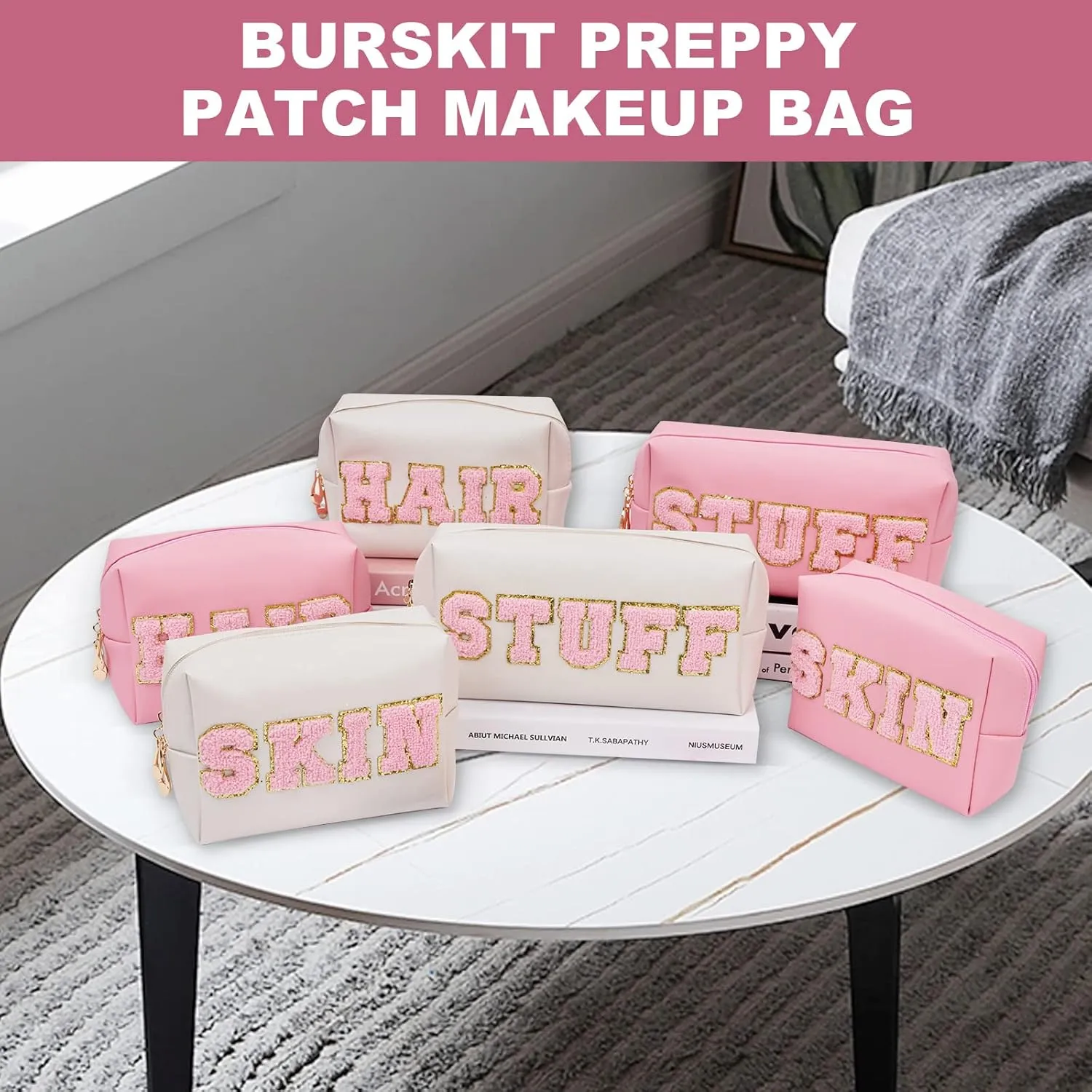 Preppy Patch Skincare Bags Travel Makeup Bag Varsity Letter Cosmetic Toiletry Cute Bag for Teen Girls PU Leather Portable Zipper Pouch Storage Purse Waterproof Organizer (Shell Gold)