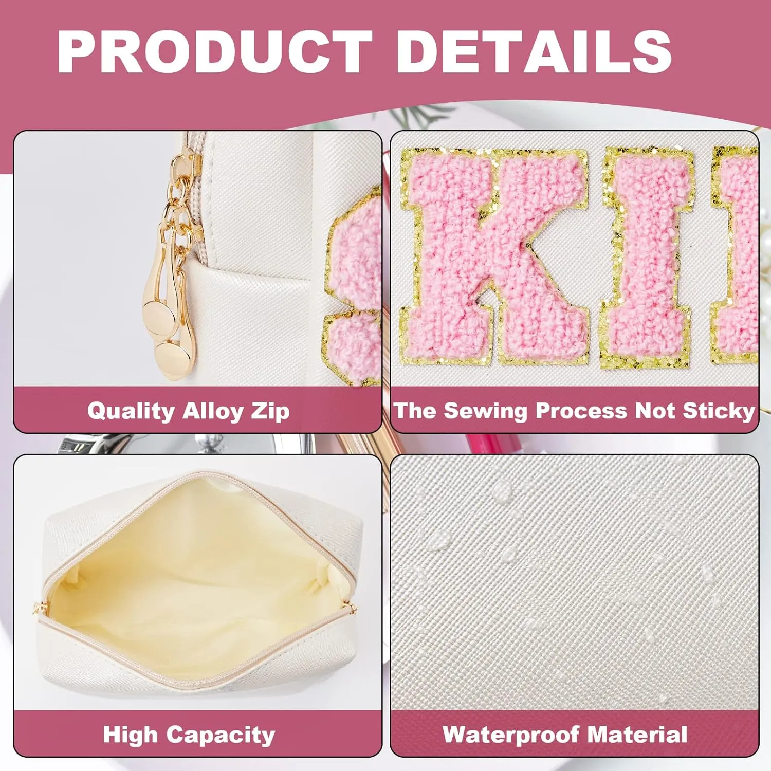 Preppy Patch Skincare Bags Travel Makeup Bag Varsity Letter Cosmetic Toiletry Cute Bag for Teen Girls PU Leather Portable Zipper Pouch Storage Purse Waterproof Organizer (Shell Gold)