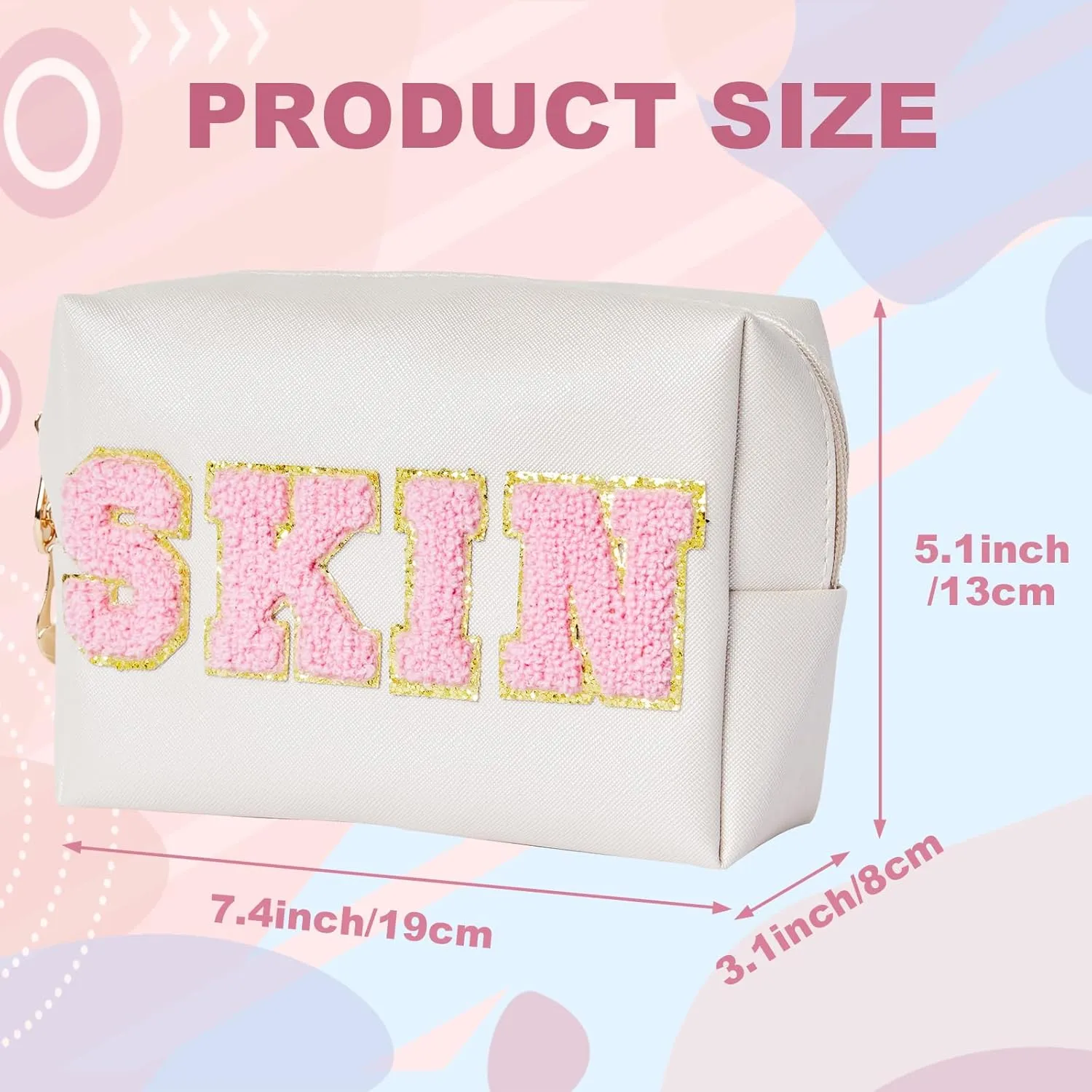 Preppy Patch Skincare Bags Travel Makeup Bag Varsity Letter Cosmetic Toiletry Cute Bag for Teen Girls PU Leather Portable Zipper Pouch Storage Purse Waterproof Organizer (Shell Gold)
