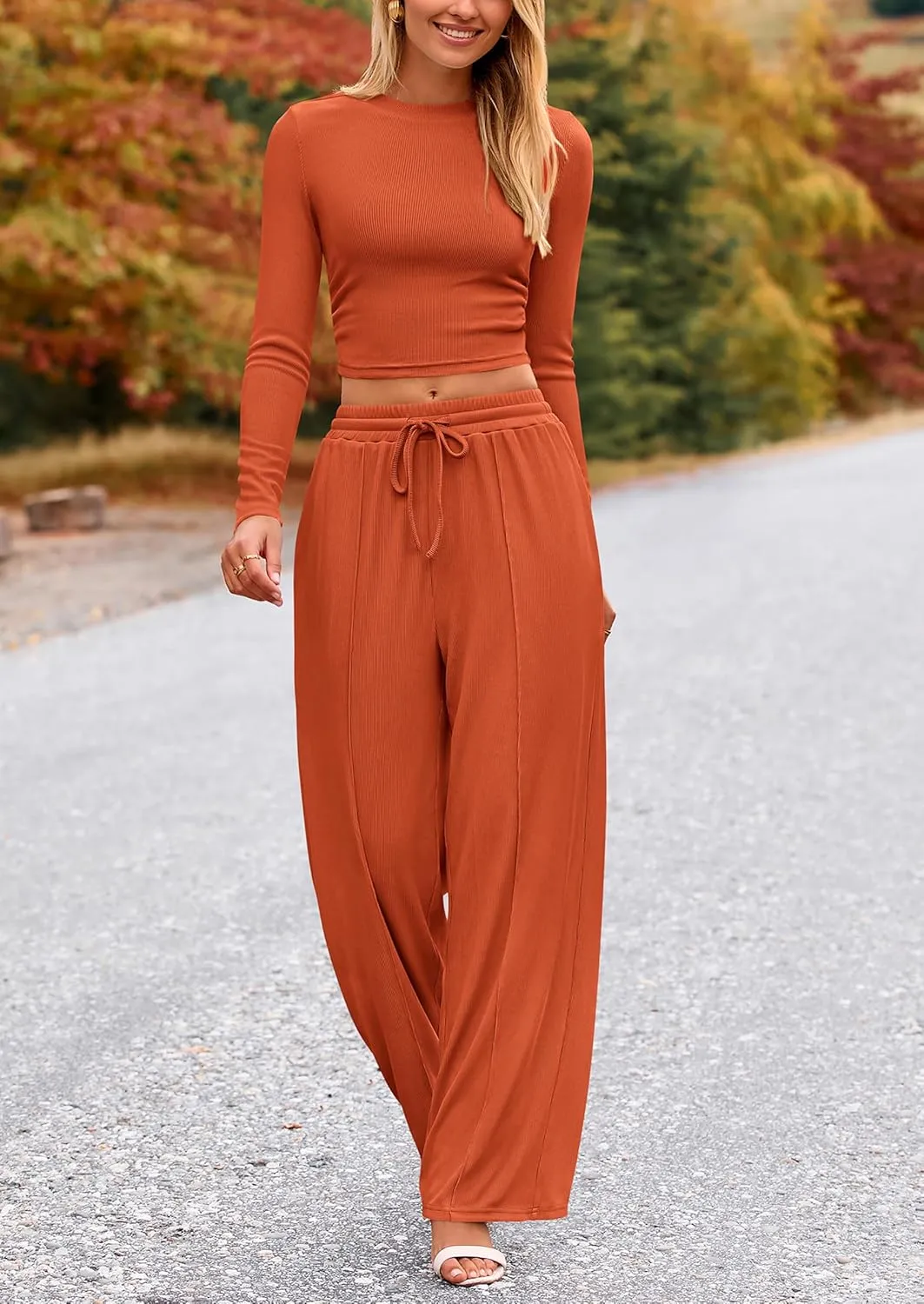 PRETTYGARDEN Women's 2 Piece Loungewear Long Sleeve Crop Top Wide Leg Palazzo Pants Set Tracksuits Casual Outfit