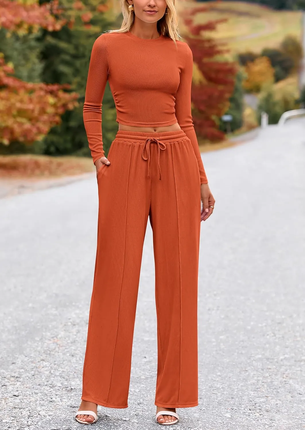 PRETTYGARDEN Women's 2 Piece Loungewear Long Sleeve Crop Top Wide Leg Palazzo Pants Set Tracksuits Casual Outfit