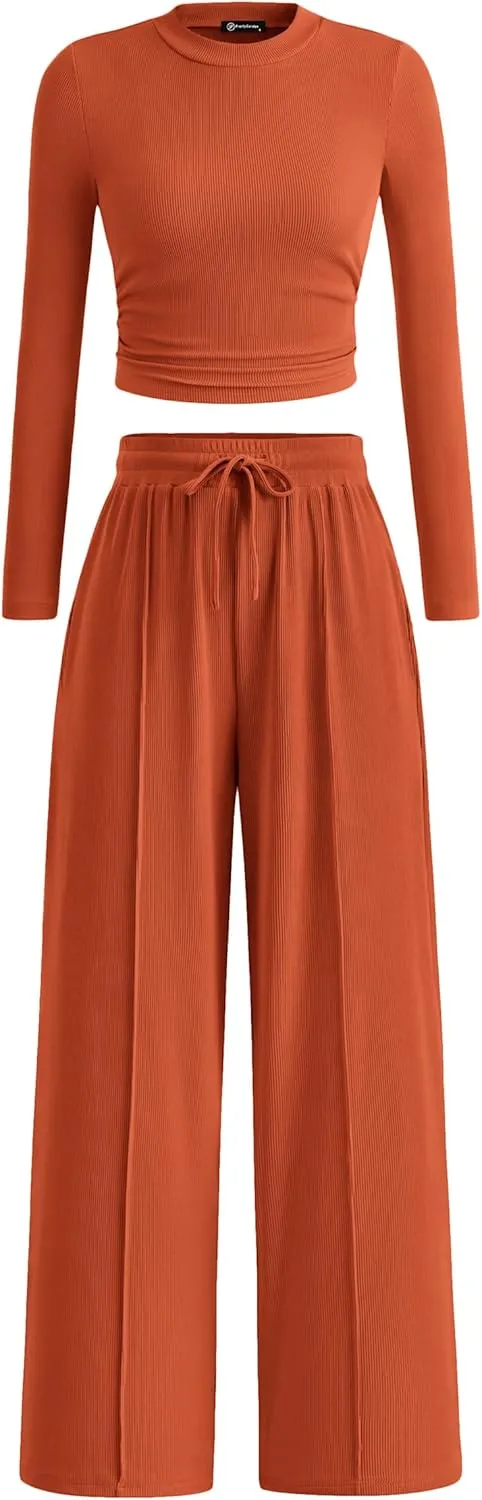 PRETTYGARDEN Women's 2 Piece Loungewear Long Sleeve Crop Top Wide Leg Palazzo Pants Set Tracksuits Casual Outfit