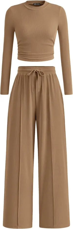PRETTYGARDEN Women's 2 Piece Loungewear Long Sleeve Crop Top Wide Leg Palazzo Pants Set Tracksuits Casual Outfit