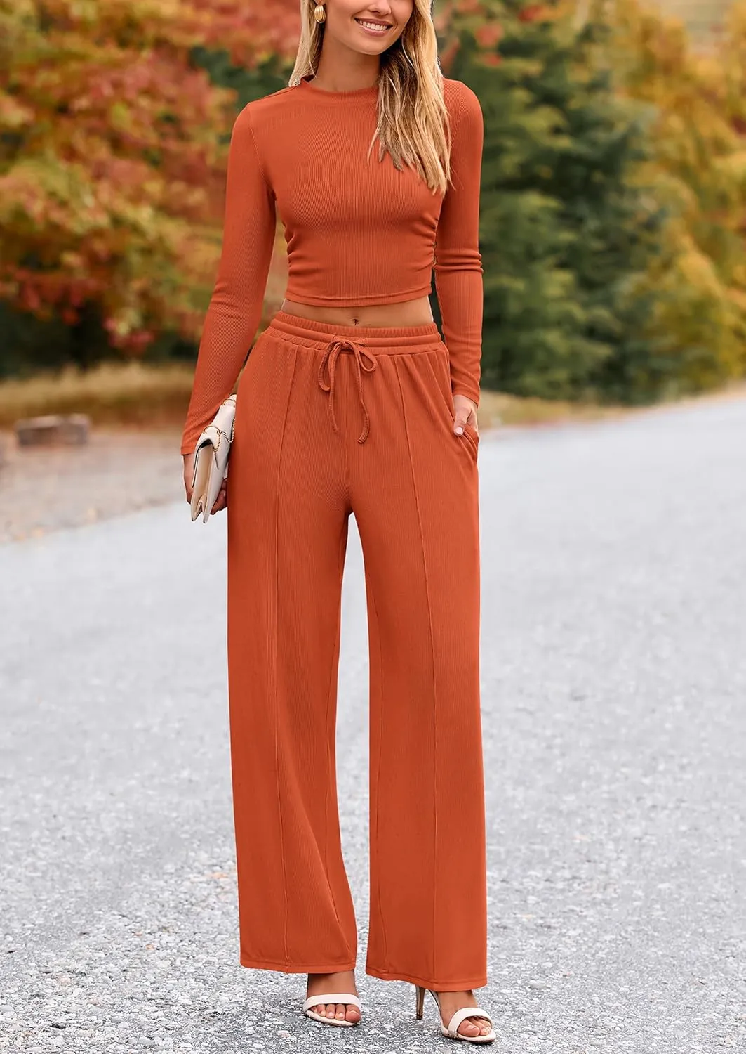 PRETTYGARDEN Women's 2 Piece Loungewear Long Sleeve Crop Top Wide Leg Palazzo Pants Set Tracksuits Casual Outfit