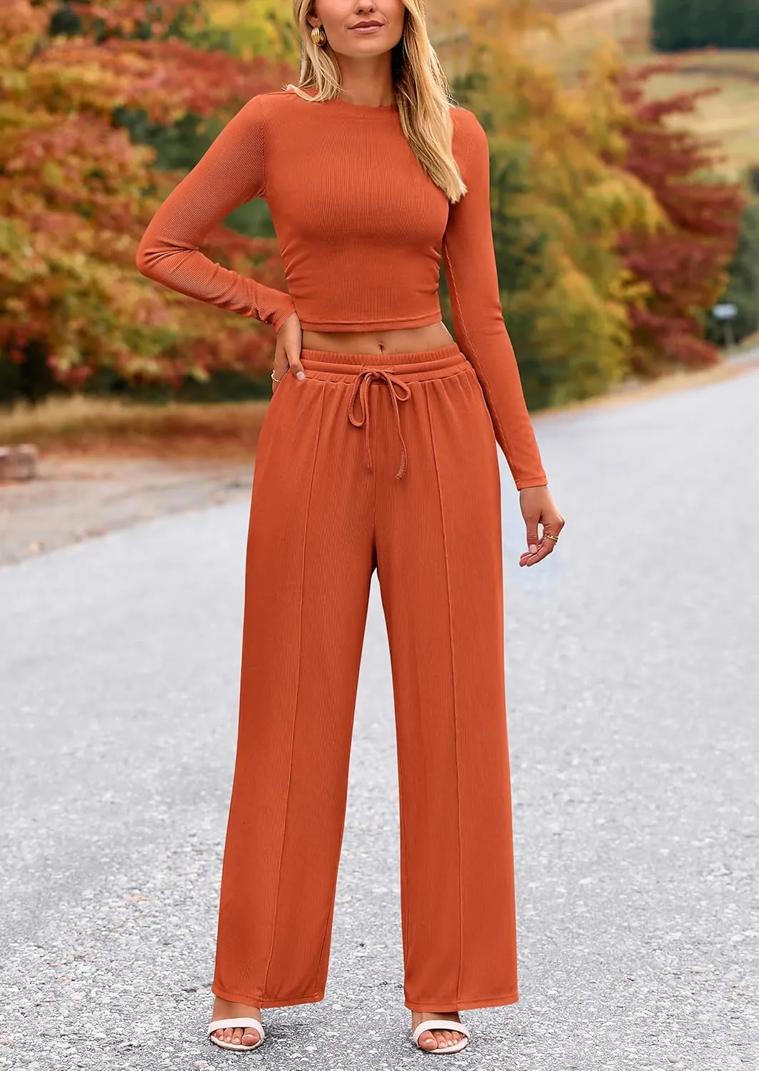 PRETTYGARDEN Women's 2 Piece Loungewear Long Sleeve Crop Top Wide Leg Palazzo Pants Set Tracksuits Casual Outfit
