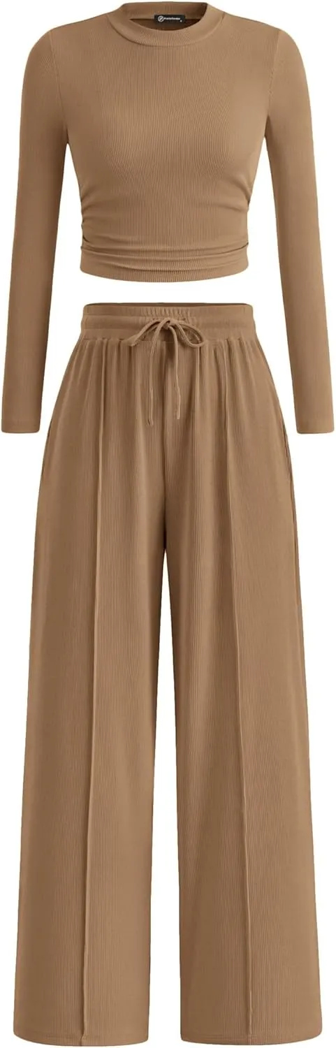 PRETTYGARDEN Women's 2 Piece Loungewear Long Sleeve Crop Top Wide Leg Palazzo Pants Set Tracksuits Casual Outfit