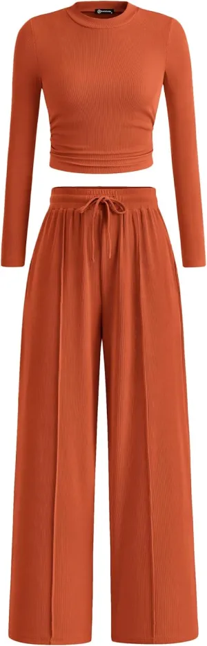 PRETTYGARDEN Women's 2 Piece Loungewear Long Sleeve Crop Top Wide Leg Palazzo Pants Set Tracksuits Casual Outfit