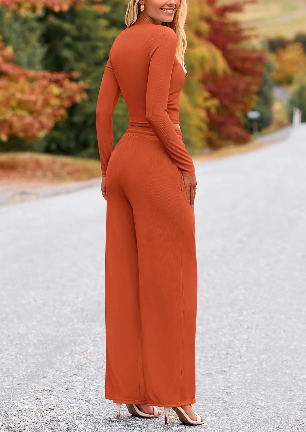 PRETTYGARDEN Women's 2 Piece Loungewear Long Sleeve Crop Top Wide Leg Palazzo Pants Set Tracksuits Casual Outfit