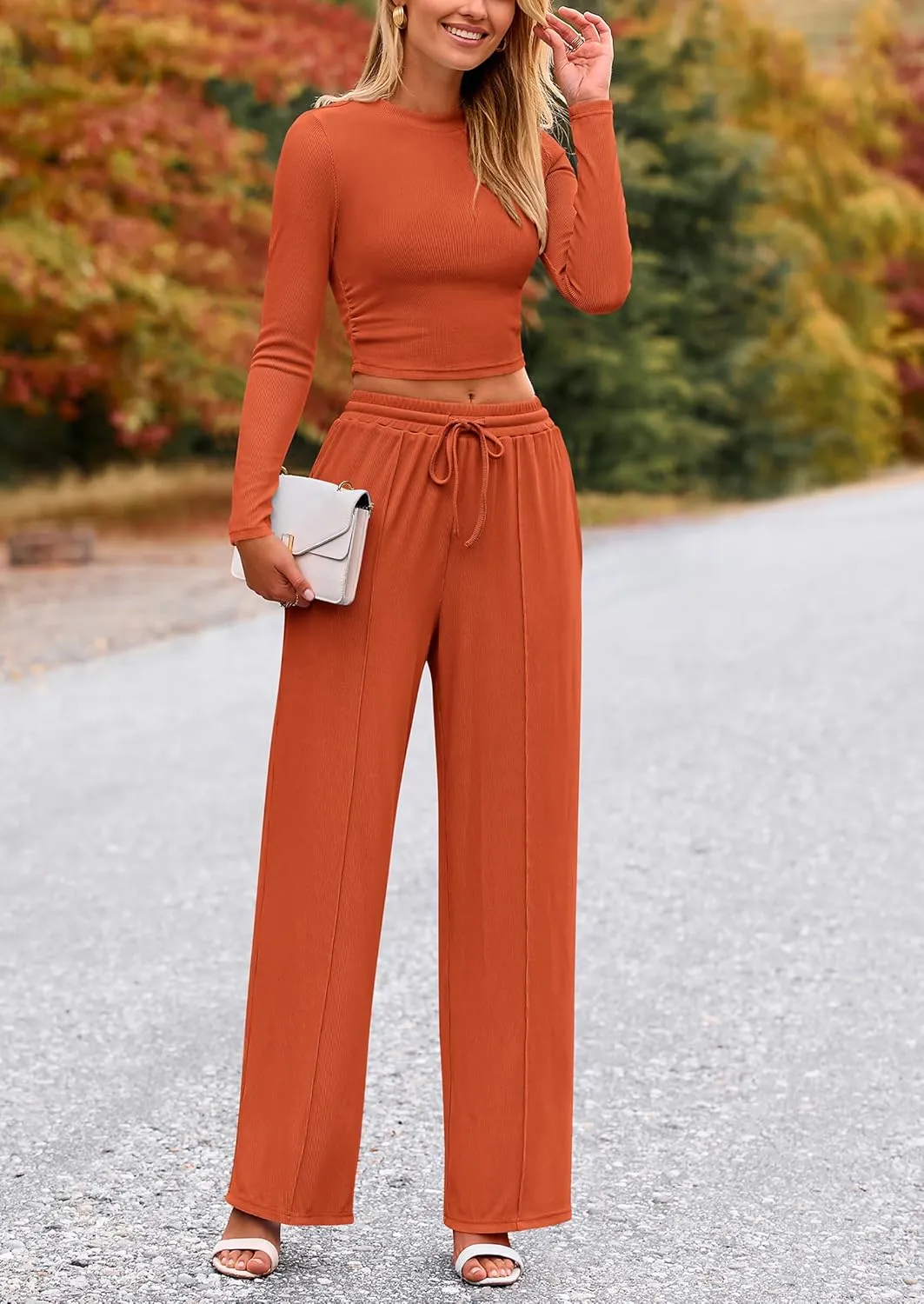 PRETTYGARDEN Women's 2 Piece Loungewear Long Sleeve Crop Top Wide Leg Palazzo Pants Set Tracksuits Casual Outfit