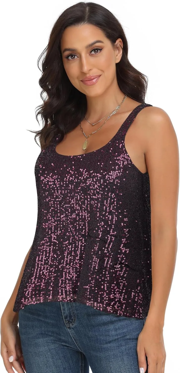 PrettyGuide Women's All Sequin Tank Tops Loose Flowy Sparkly Camisole Vest Club Party Shirt Top
