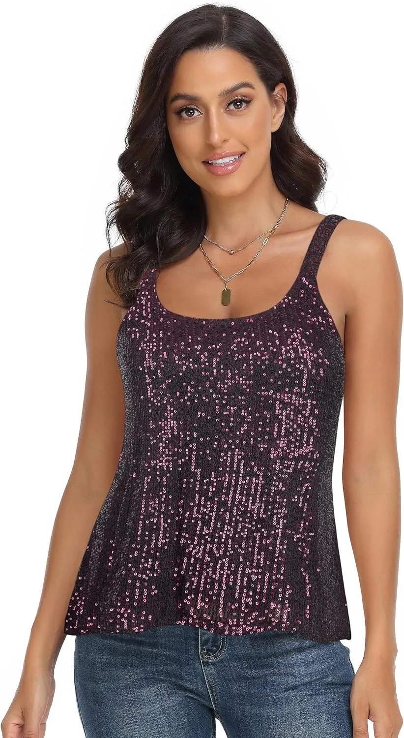 PrettyGuide Women's All Sequin Tank Tops Loose Flowy Sparkly Camisole Vest Club Party Shirt Top