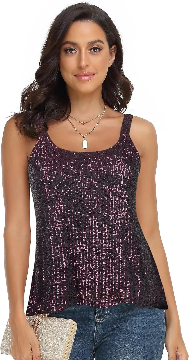 PrettyGuide Women's All Sequin Tank Tops Loose Flowy Sparkly Camisole Vest Club Party Shirt Top