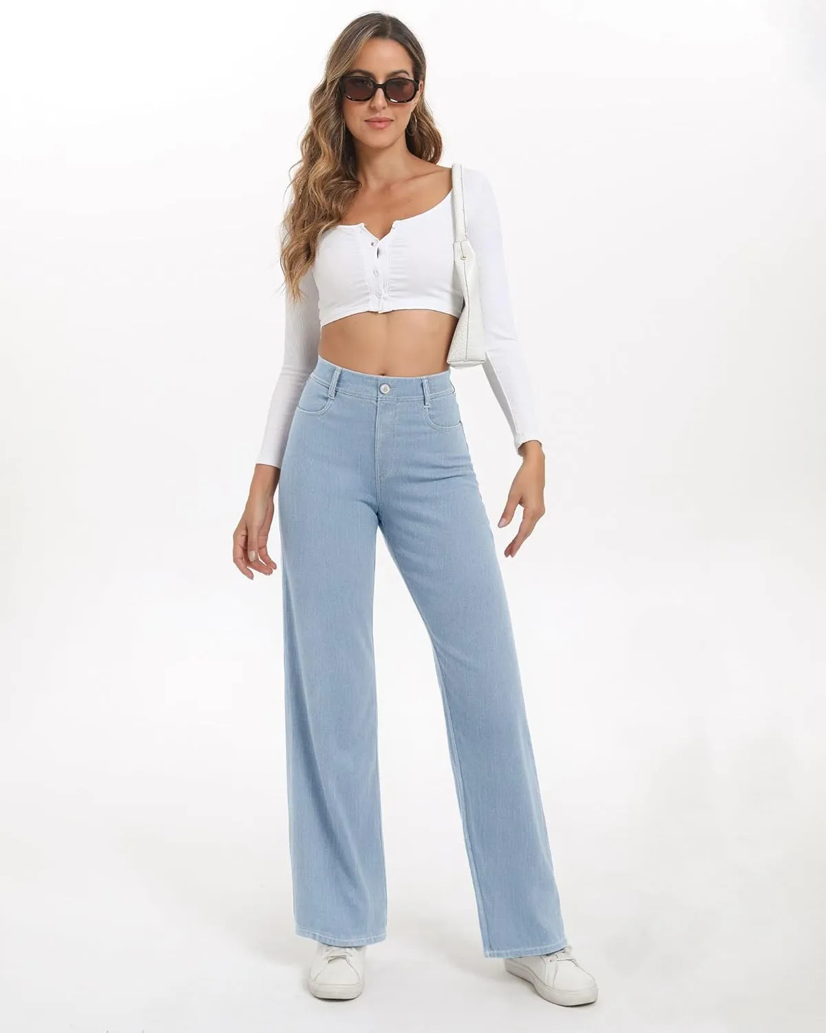 Pull On Jeans for Women Wide Leg High Waisted Stretch Baggy Jeans Casual Trendy Straight Denim Pants