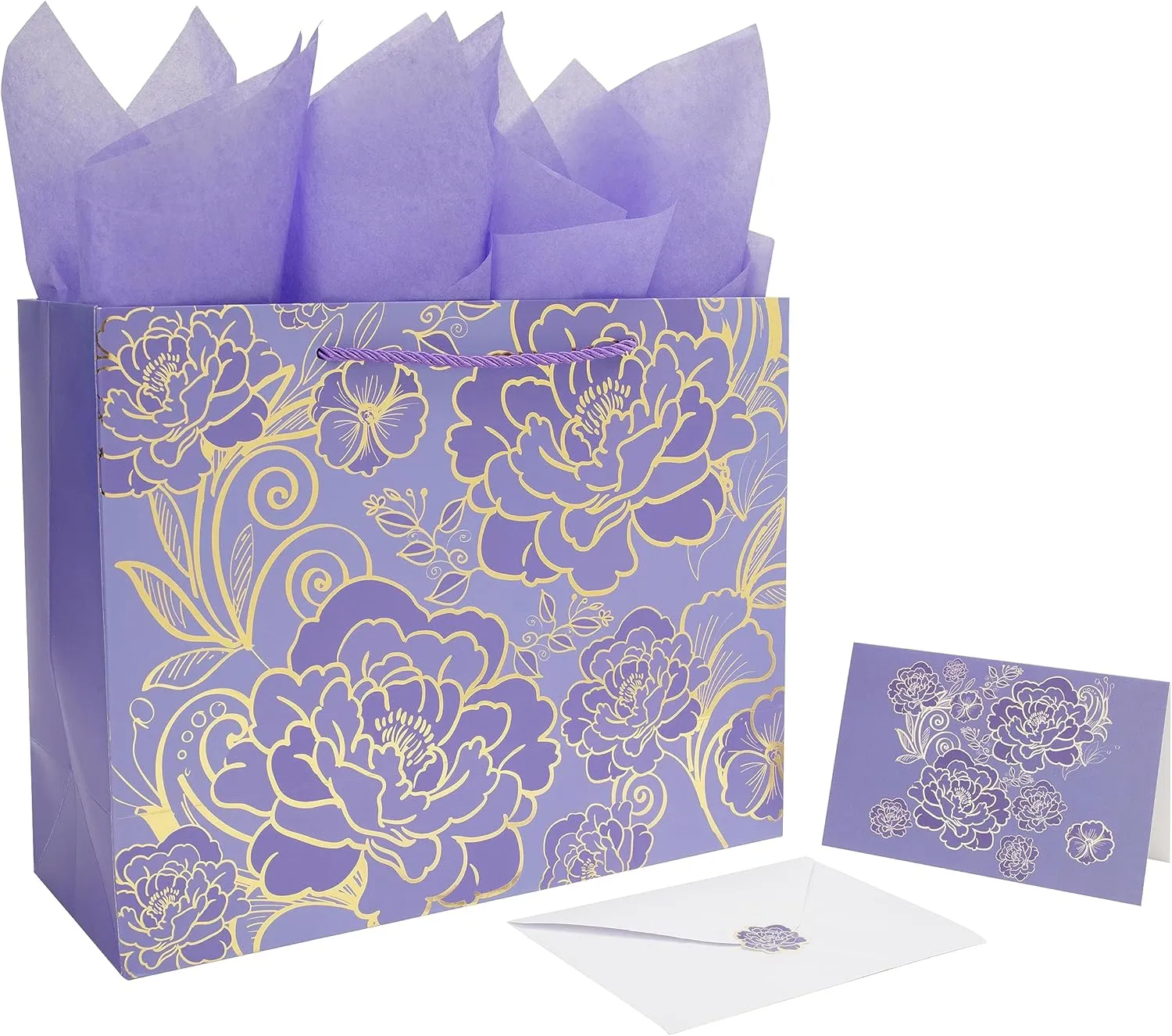 Qirrmiy 13" Large Rose Purple Gift Bag Set with Greeting Card and Tissue Paper for Women or Girls for Celebrating Birthdays, Valentine's Day, Weddings, Anniversaries, Mother's Day