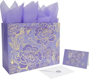 Qirrmiy 13" Large Rose Purple Gift Bag Set with Greeting Card and Tissue Paper for Women or Girls for Celebrating Birthdays, Valentine's Day, Weddings, Anniversaries, Mother's Day