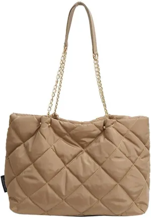 Quilted Tote Bag Soft Nylon Shoulder Bag Lightweight Puffer Padding Handbag Puffy Hobo with Chain for Women, One Color, One Size
