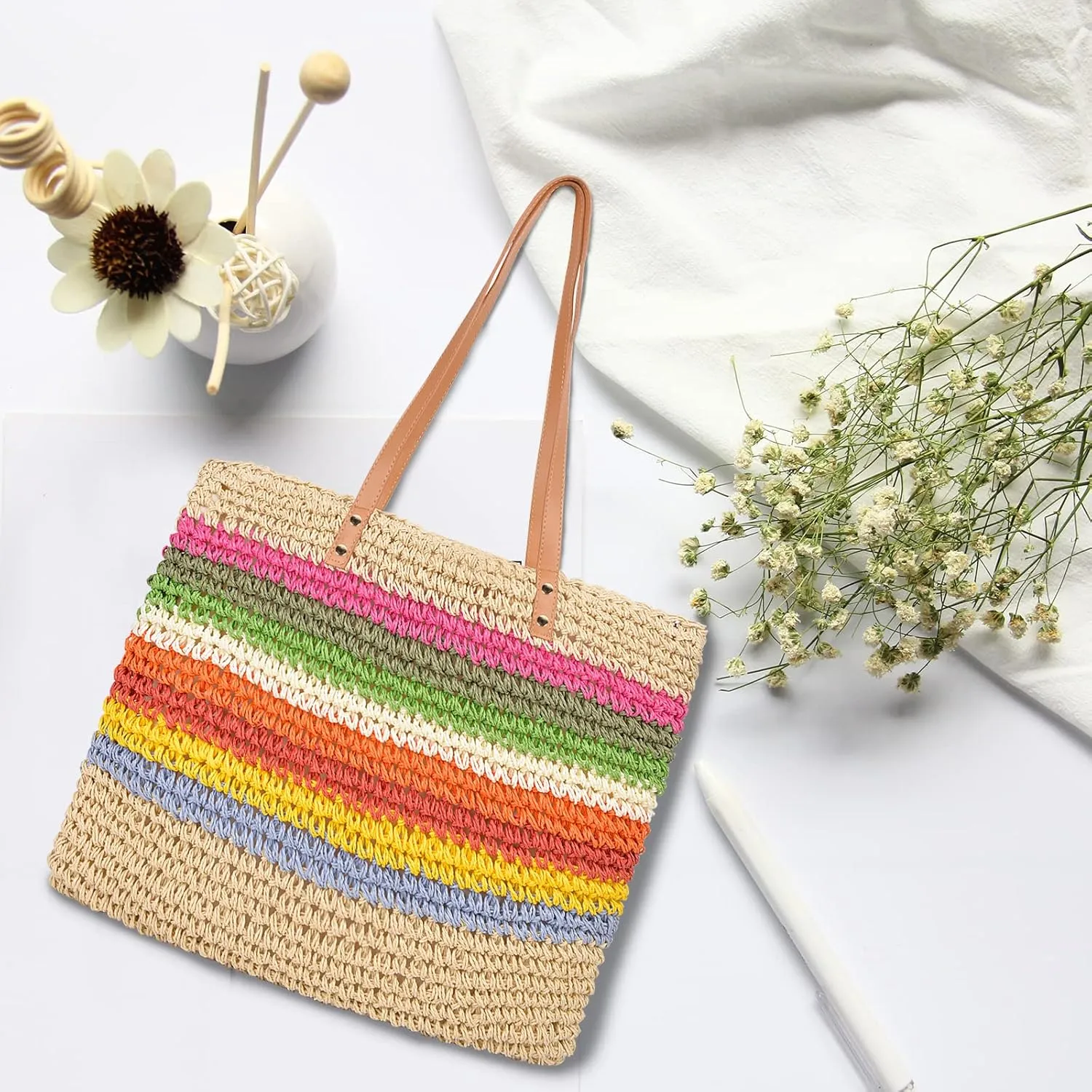 QZUnique Straw Rainbow Handbags Womens Cotton Crochet Hand-Woven Tote Bag Top Handle Casual Shoulder Messenger Portable Bag