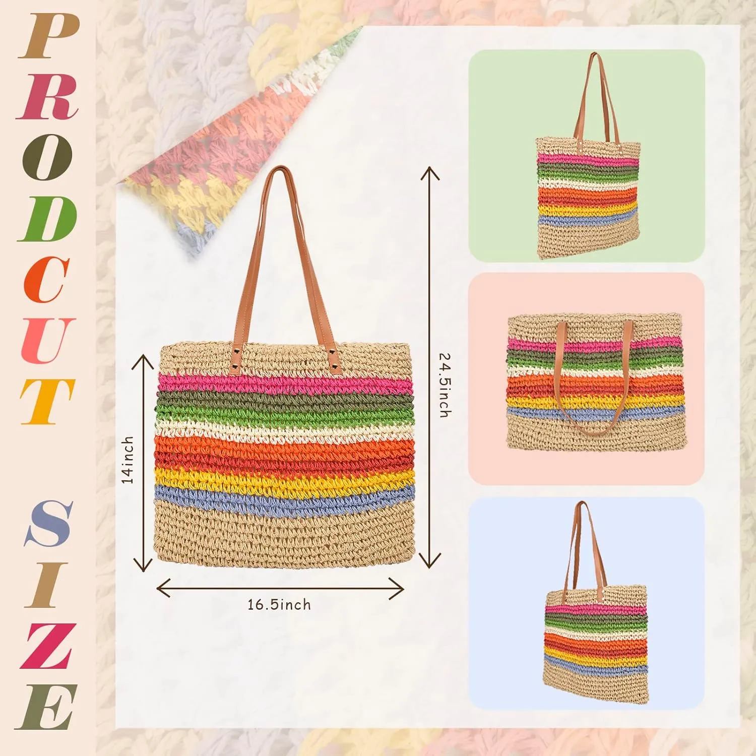 QZUnique Straw Rainbow Handbags Womens Cotton Crochet Hand-Woven Tote Bag Top Handle Casual Shoulder Messenger Portable Bag
