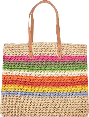 QZUnique Straw Rainbow Handbags Womens Cotton Crochet Hand-Woven Tote Bag Top Handle Casual Shoulder Messenger Portable Bag