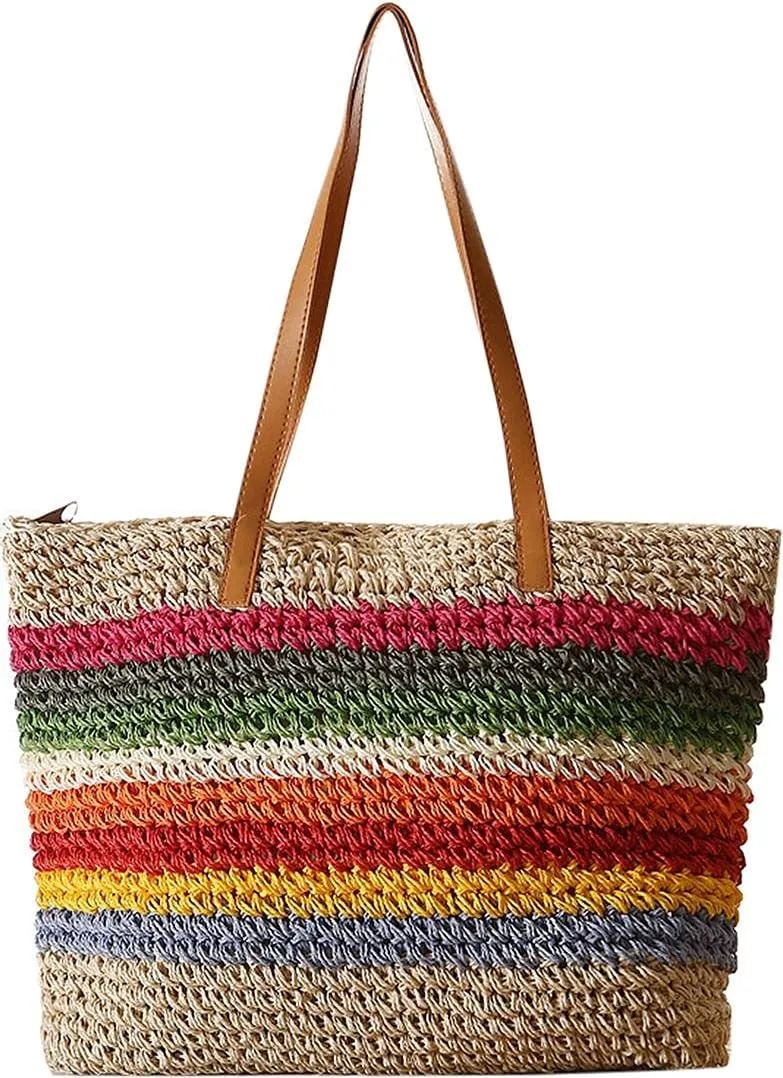 QZUnique Straw Rainbow Handbags Womens Cotton Crochet Hand-Woven Tote Bag Top Handle Casual Shoulder Messenger Portable Bag