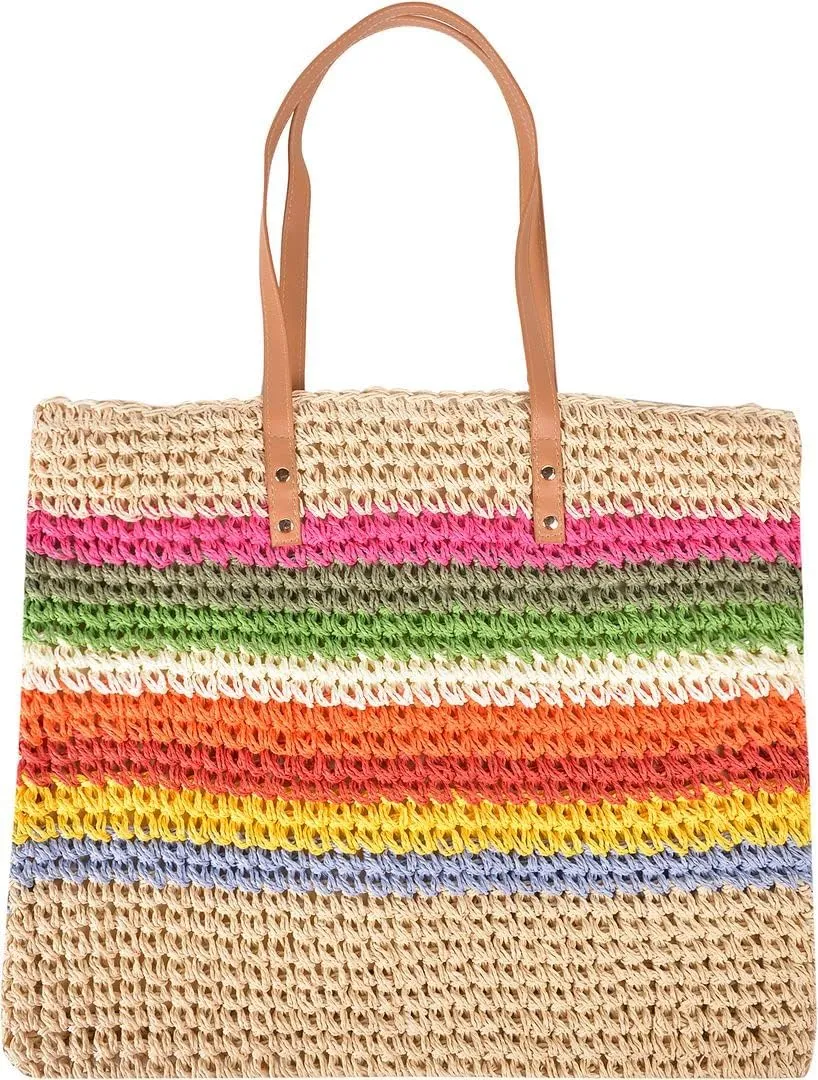 QZUnique Straw Rainbow Handbags Womens Cotton Crochet Hand-Woven Tote Bag Top Handle Casual Shoulder Messenger Portable Bag