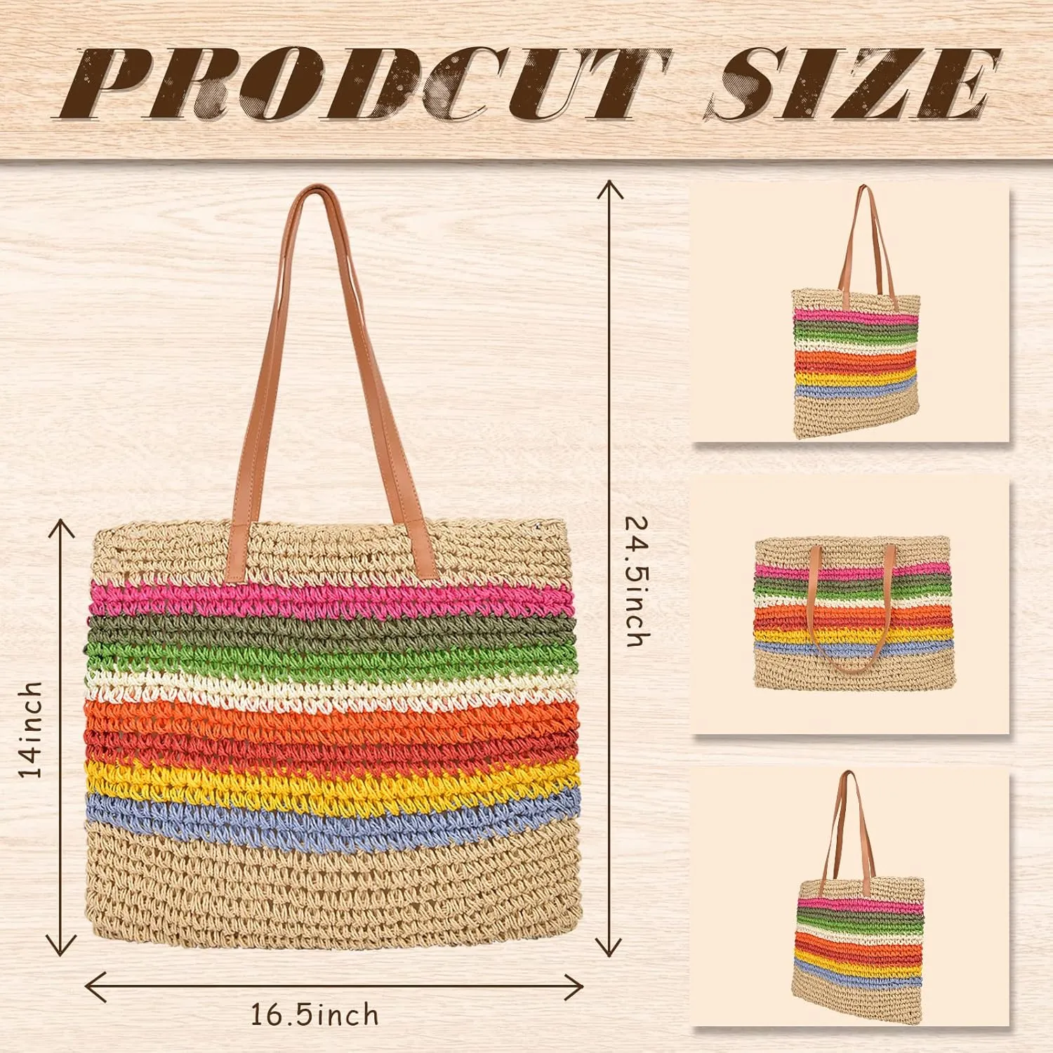 QZUnique Straw Rainbow Handbags Womens Cotton Crochet Hand-Woven Tote Bag Top Handle Casual Shoulder Messenger Portable Bag