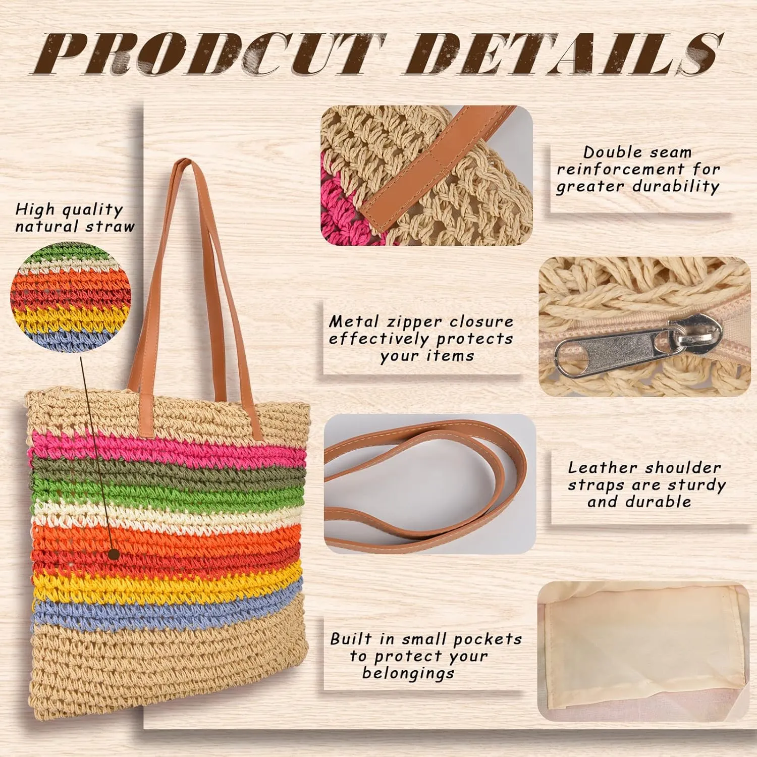 QZUnique Straw Rainbow Handbags Womens Cotton Crochet Hand-Woven Tote Bag Top Handle Casual Shoulder Messenger Portable Bag