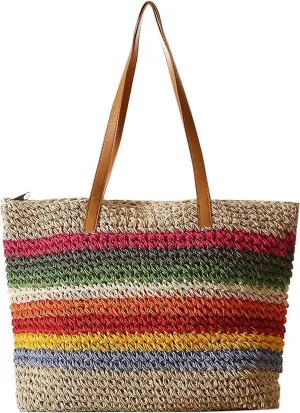QZUnique Straw Rainbow Handbags Womens Cotton Crochet Hand-Woven Tote Bag Top Handle Casual Shoulder Messenger Portable Bag