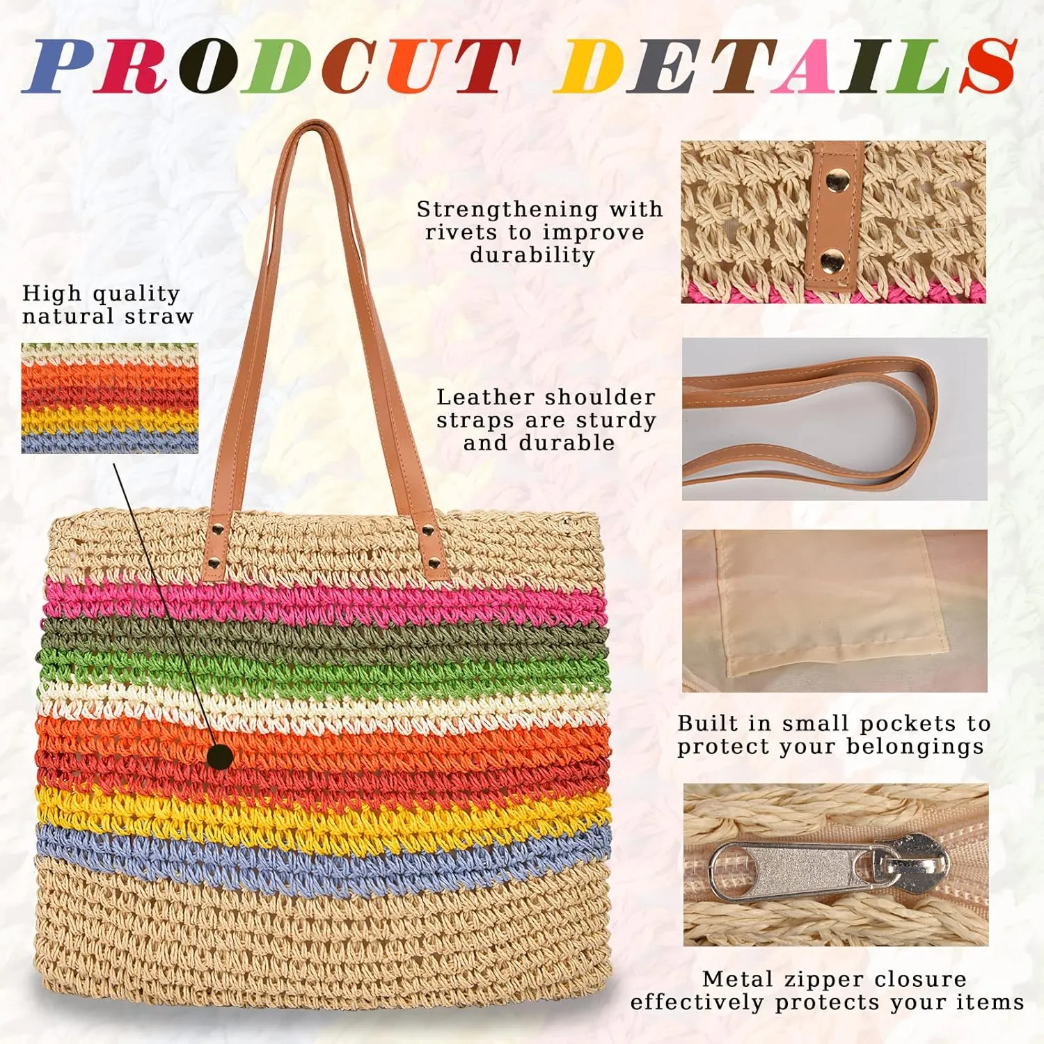 QZUnique Straw Rainbow Handbags Womens Cotton Crochet Hand-Woven Tote Bag Top Handle Casual Shoulder Messenger Portable Bag