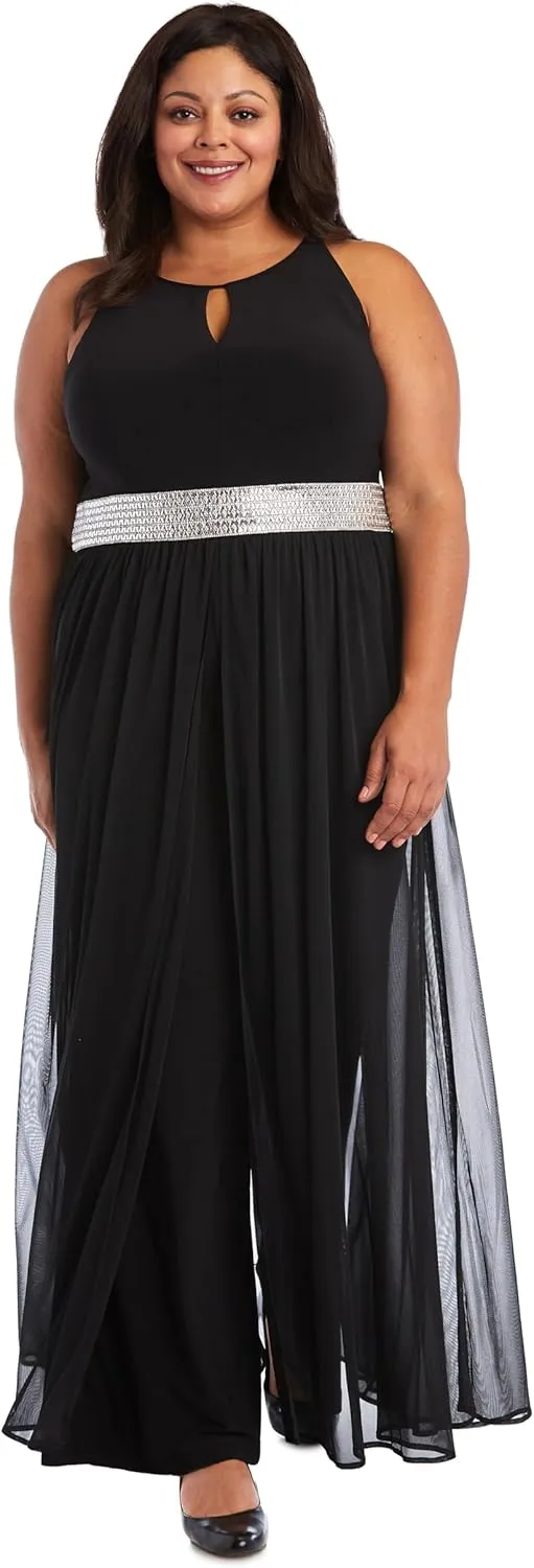 R&M Richards Elegant Halter Neck Jumpsuit W/Keyhole Detail, Rhinestone Waistband & Chiffon Overlay