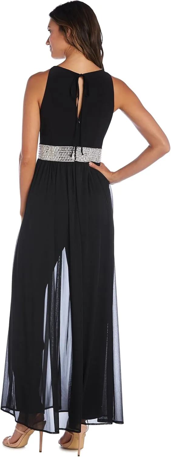 R&M Richards Elegant Halter Neck Jumpsuit W/Keyhole Detail, Rhinestone Waistband & Chiffon Overlay