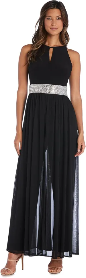 R&M Richards Elegant Halter Neck Jumpsuit W/Keyhole Detail, Rhinestone Waistband & Chiffon Overlay