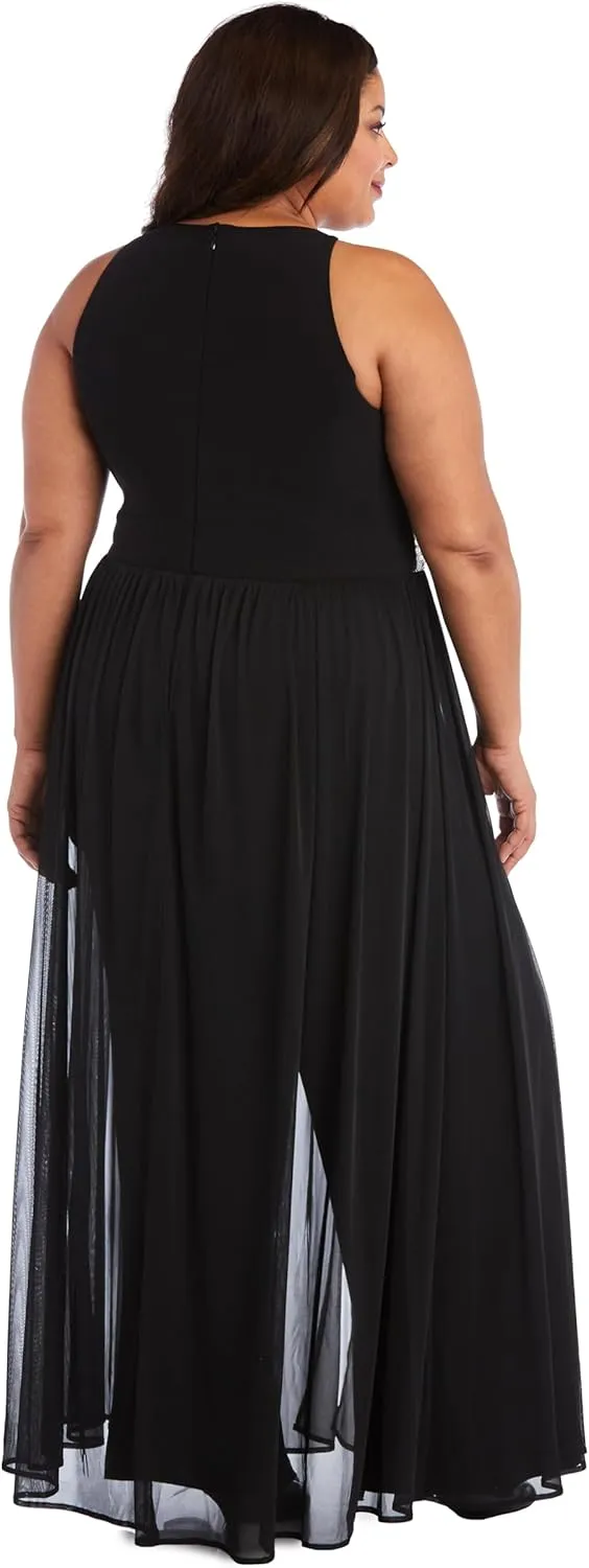 R&M Richards Elegant Halter Neck Jumpsuit W/Keyhole Detail, Rhinestone Waistband & Chiffon Overlay