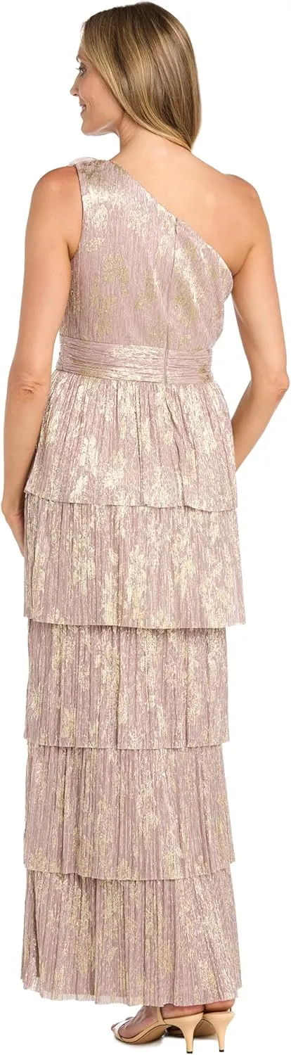 R&M Richards Elegant One-Shoulder Tiered Pleated Metallic Gown W/ 3D Flower Detail