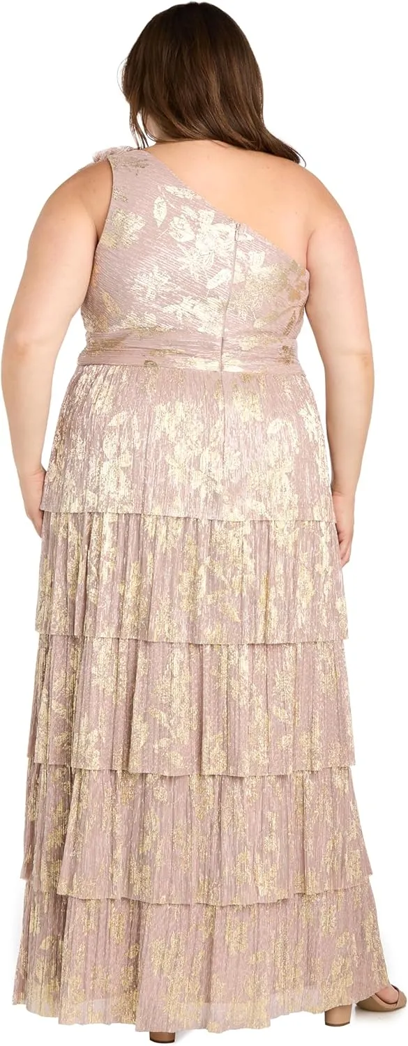 R&M Richards Elegant One-Shoulder Tiered Pleated Metallic Gown W/ 3D Flower Detail